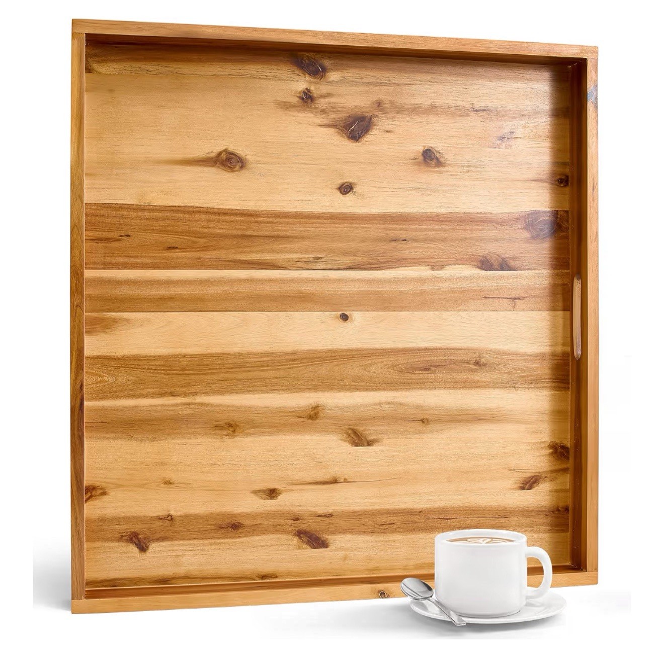 24 Inch Acacia Wood Ottoman Tray - Wooden Square Serving Tray with Handles 