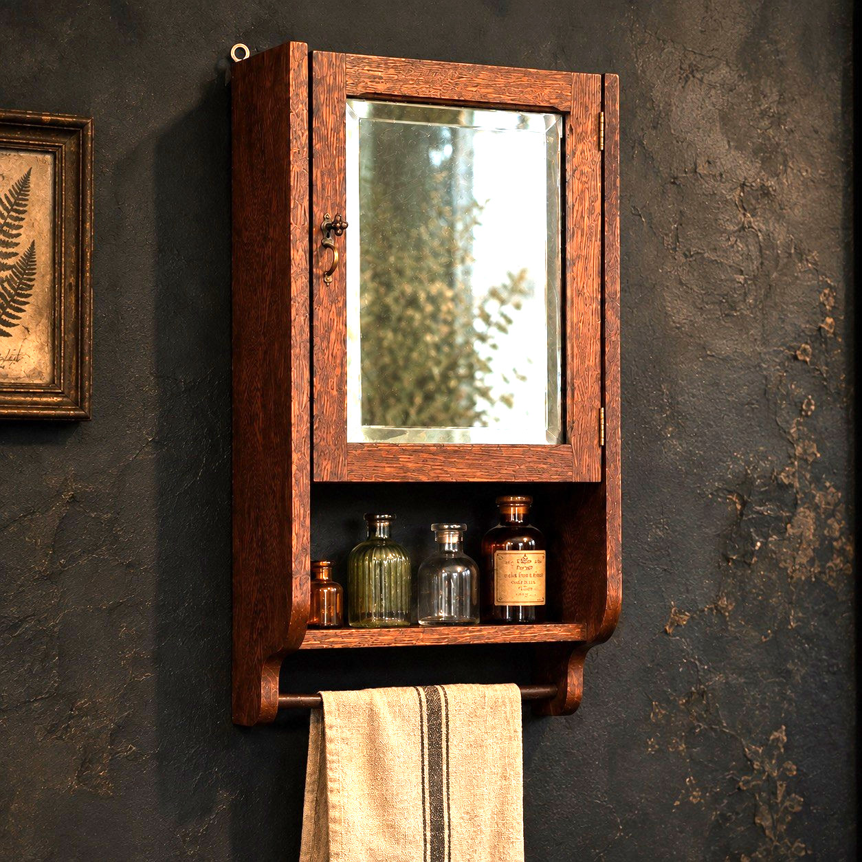 Antique Tiger Oak Medicine Apothecary Cabinet w/Beveled Mirror Towel & Key Antique Tiger Oak Medicine Apothecary Cabinet w/Beveled Mirror Towel & Key