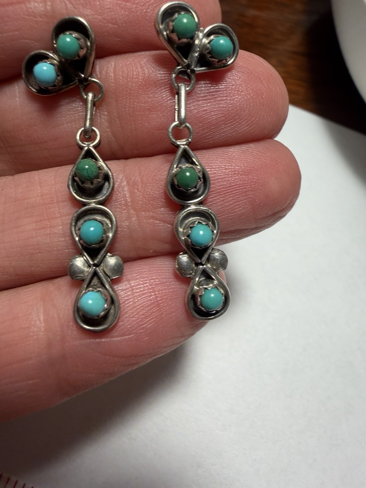 VTG NA Sterling Silver Turquoise Dangle Earrings Zuni Petit Point Snake Eye Boho VTG NA Sterling Silver Turquoise Dangle Earrings Zuni Petit Point Snake Eye Boho
