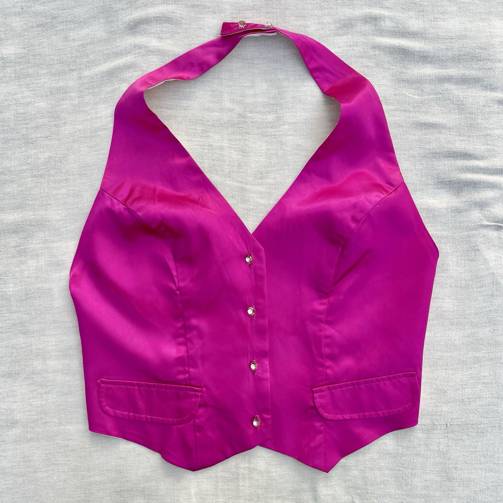 Vintage 1970s You Babes Hot Pink Satin Halter Vest, Barbie Disco, Deadstock M Vintage 1970s You Babes Hot Pink Satin Halter Vest, Barbie Disco, Deadstock M