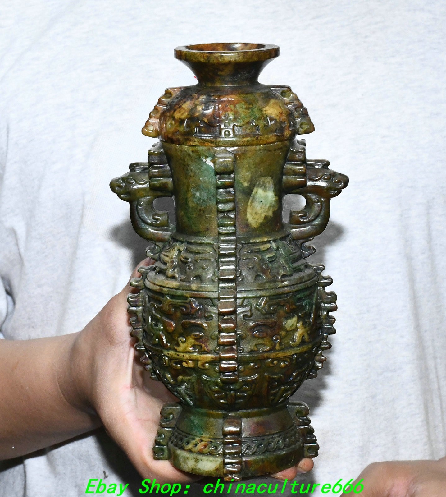 10.2\'\'Old Chinese Dynasty Jade Carved Dragon Beast Ear Lid Bottle Vase Statue