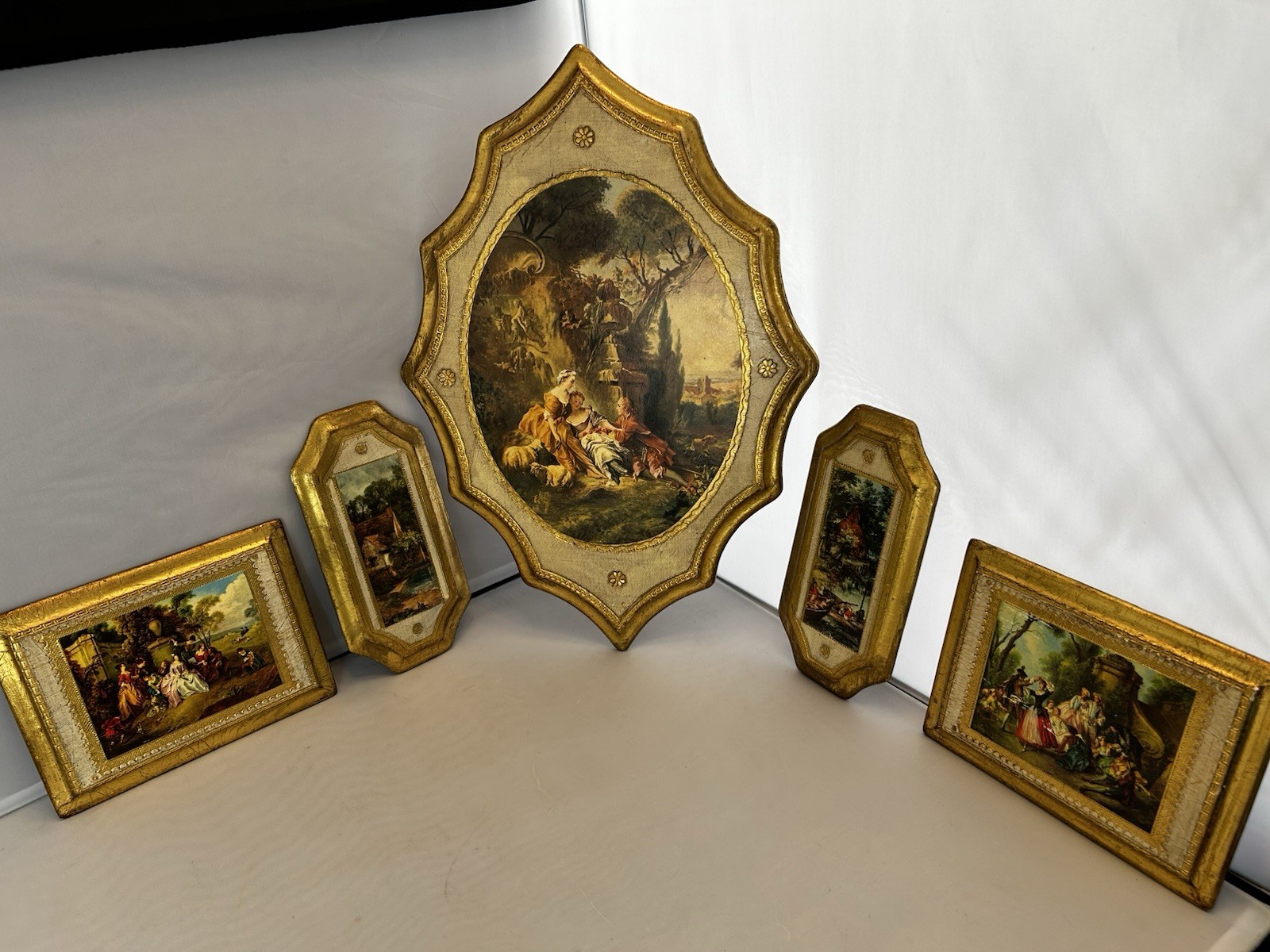 Vintage Italian Florentine Wall Plaques Set 5 Gilt Wood Rococo Scenes Italy