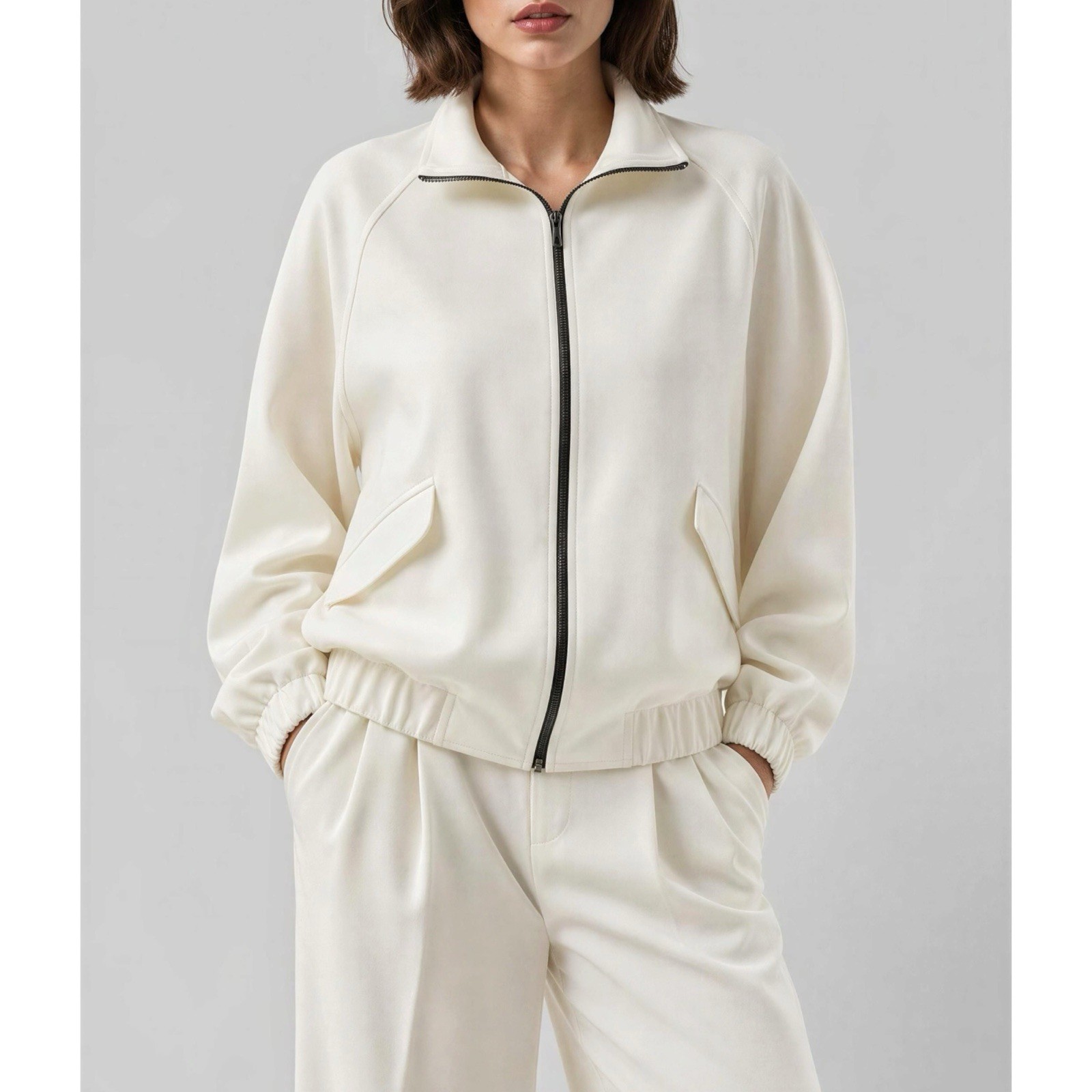 NWT LILYSILK Silkerry Silk-Wool Sweat Jacket With Pockets, Natural White, Large