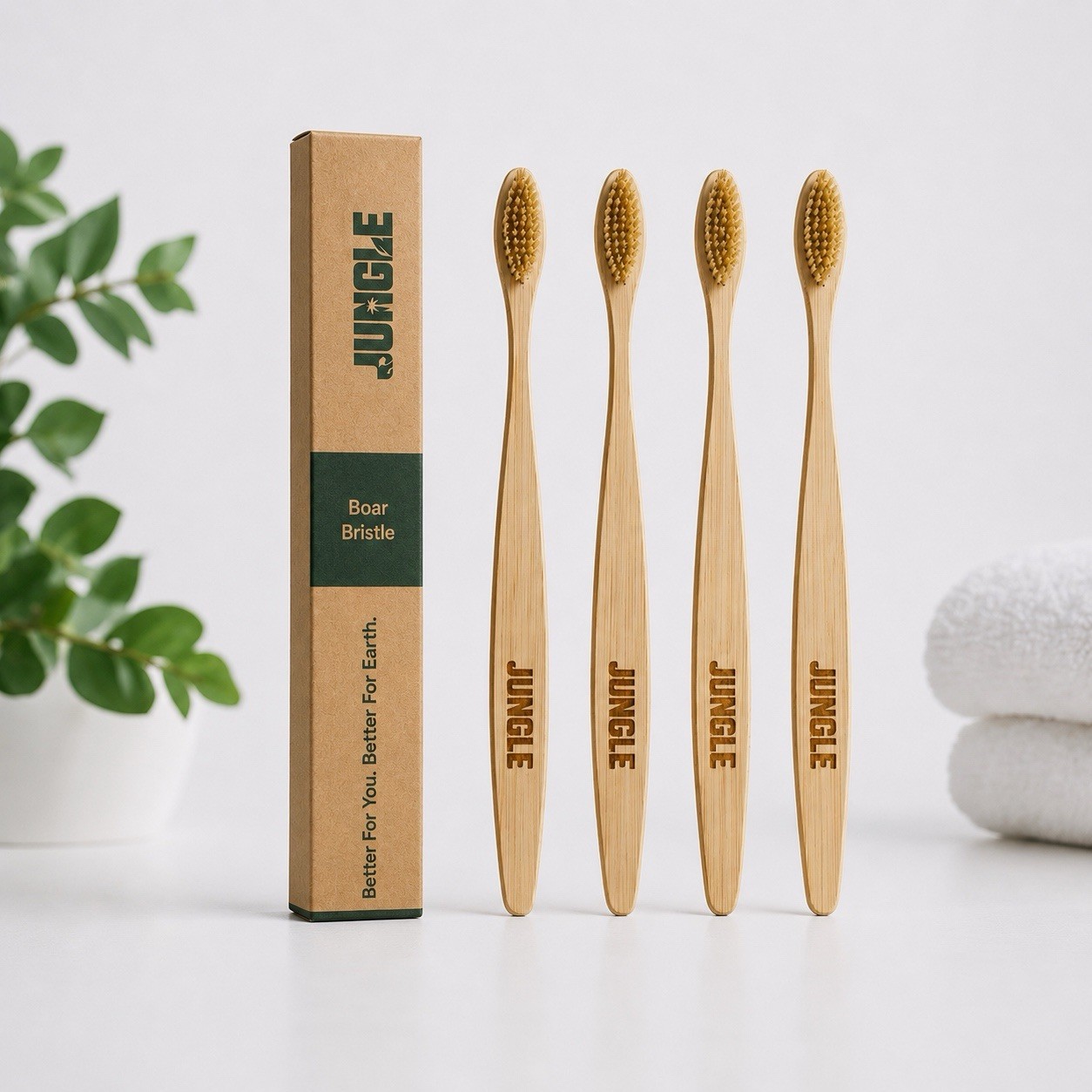 JUNGLE Bamboo Toothbrush Boar Bristle Adults 4 Pack Eco Friendly