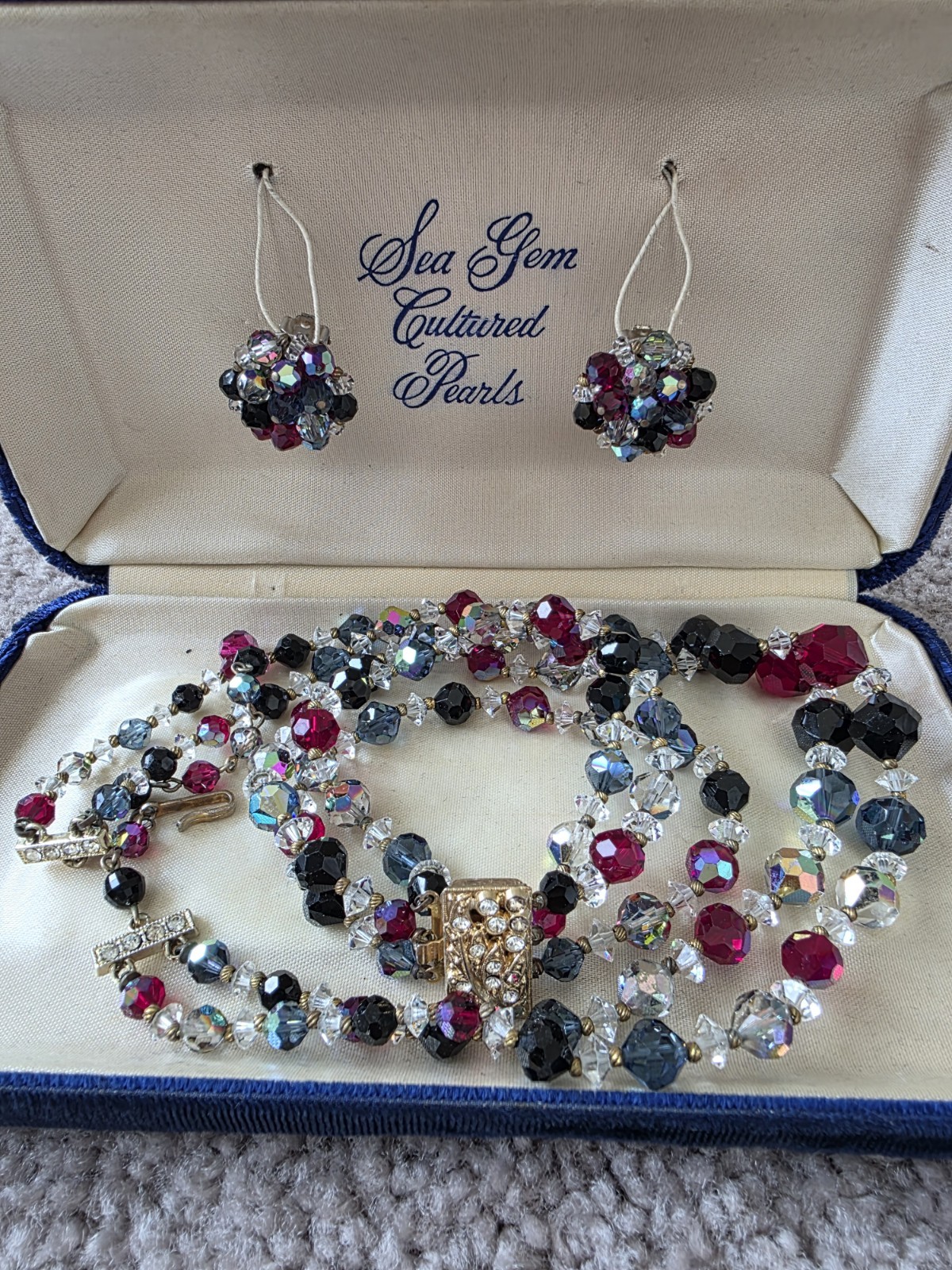 Vintage Laguna 3 Pc Set Necklace Bracelet Earrings Aurora Borealis Crystal