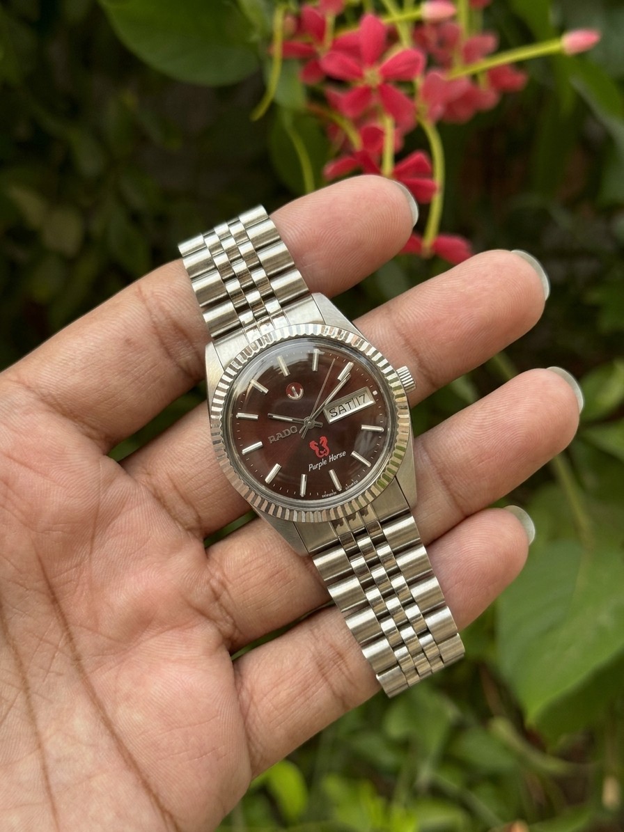 Vintage Rado Purple Horse Automatic Red Burgundy Dial Day Date Steel Mens Watch Vintage Rado Purple Horse Automatic Red Burgundy Dial Day Date Steel Mens Watch