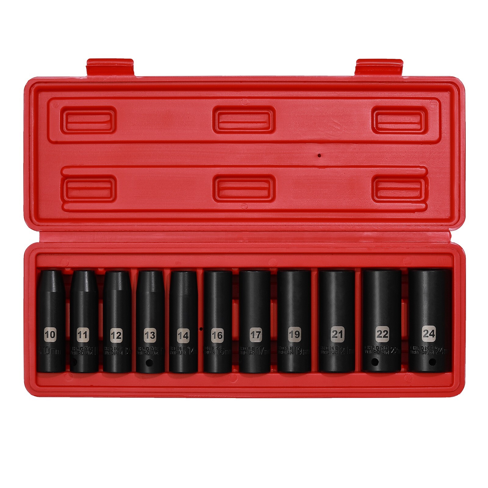 11 Pieces 1/2-Inch Drive Deep Metric Impact Socket Set, 6-Point, 10mm - 24mm 11 Pieces 1/2-Inch Drive Deep Metric Impact Socket Set, 6-Point, 10mm - 24mm