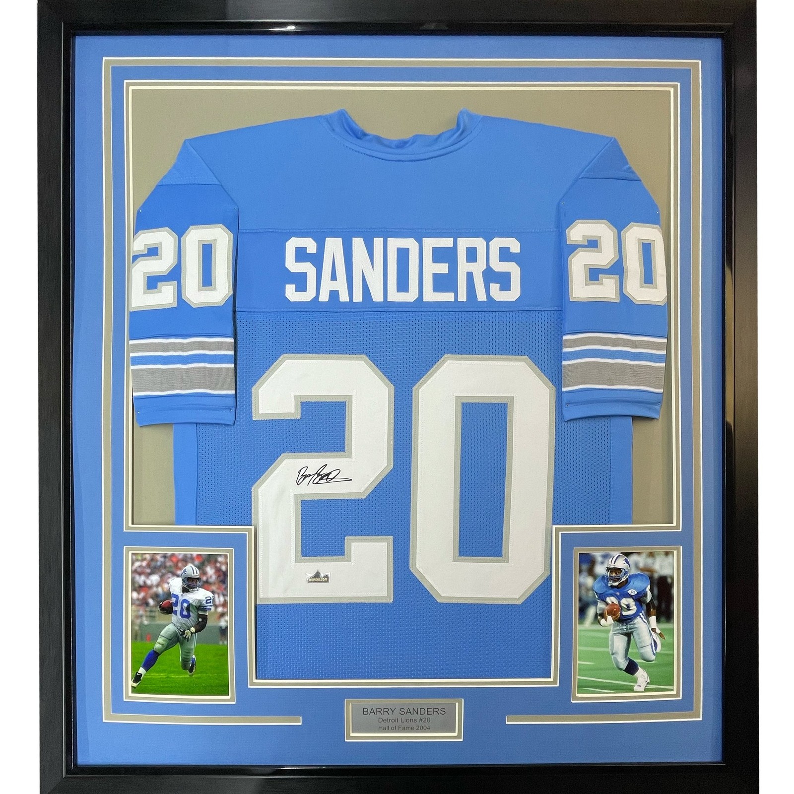 Framed Facsimile Autographed Barry Sanders 35x39 Detroit Blue Jersey
