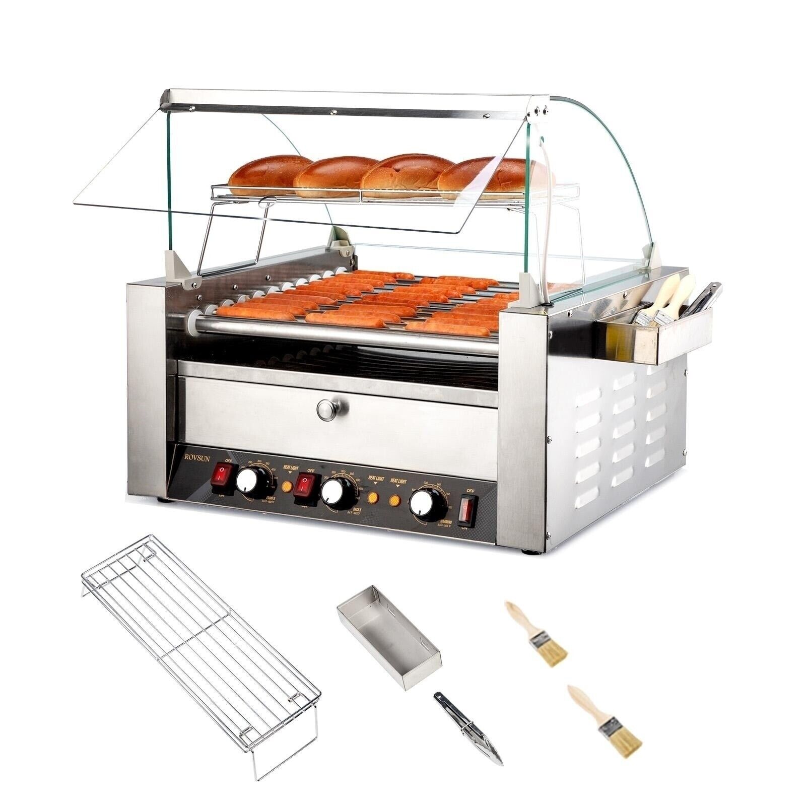 30 Hot Dog 11 Roller Bun Warmer Grill Cooker Machine Electric w/Cover 2000W