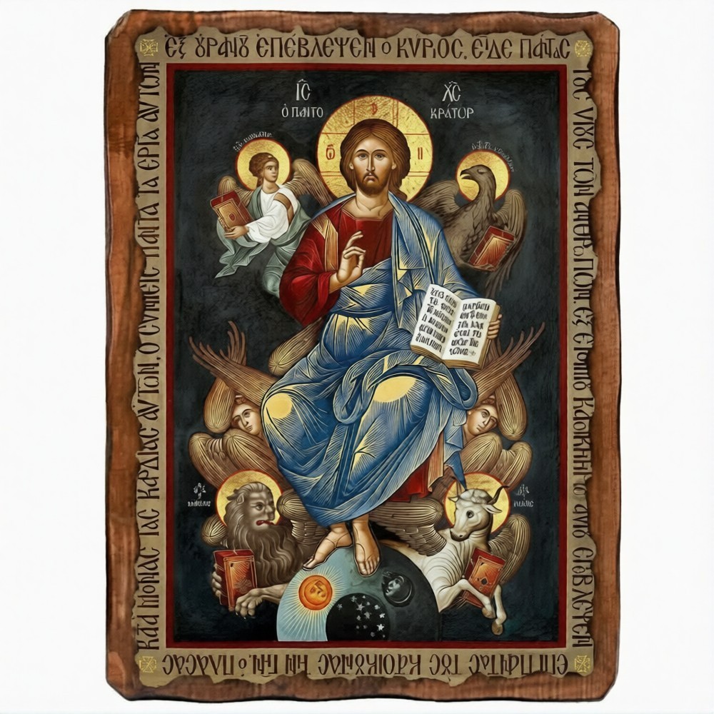 Christ in Majesty Orthodox Icon on Wood, Handmade Jesus Christ Wall Plaque