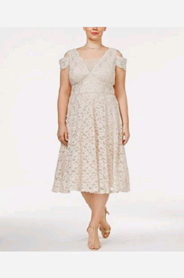 NWT- R&M Richards Women\'s Beige Lace Sequin A-line Fit & Flare Dress
