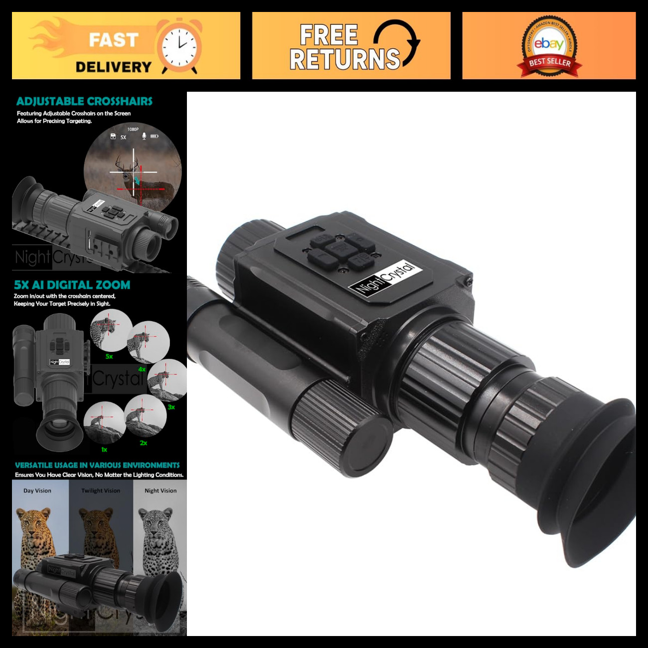 850nm Day Night Vision Scope Digital Monocular Riflescope, 1080p HD, 5X Digital