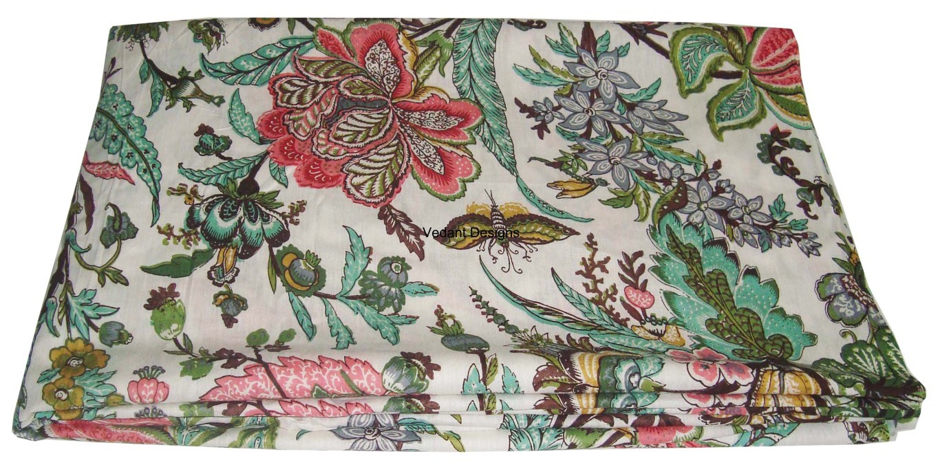 Indian 5 Yard Fabric Cotton Dress Material Sanganeri Floral Print Hand Block 