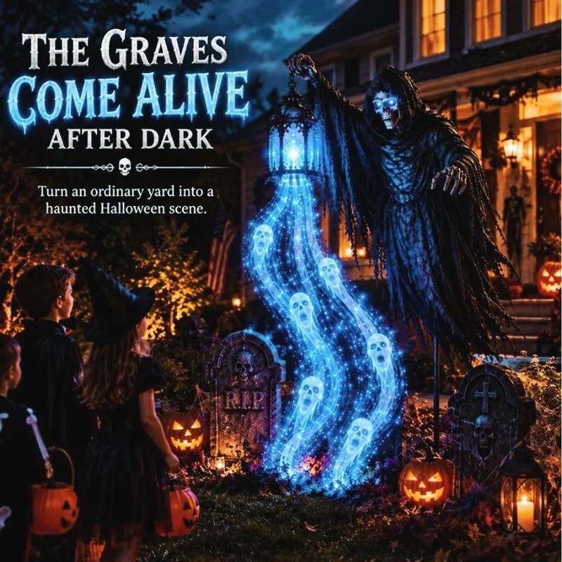 Halloween Soul Harvester Grim Reaper Solar Garden Light Blue LED Lawn Stake