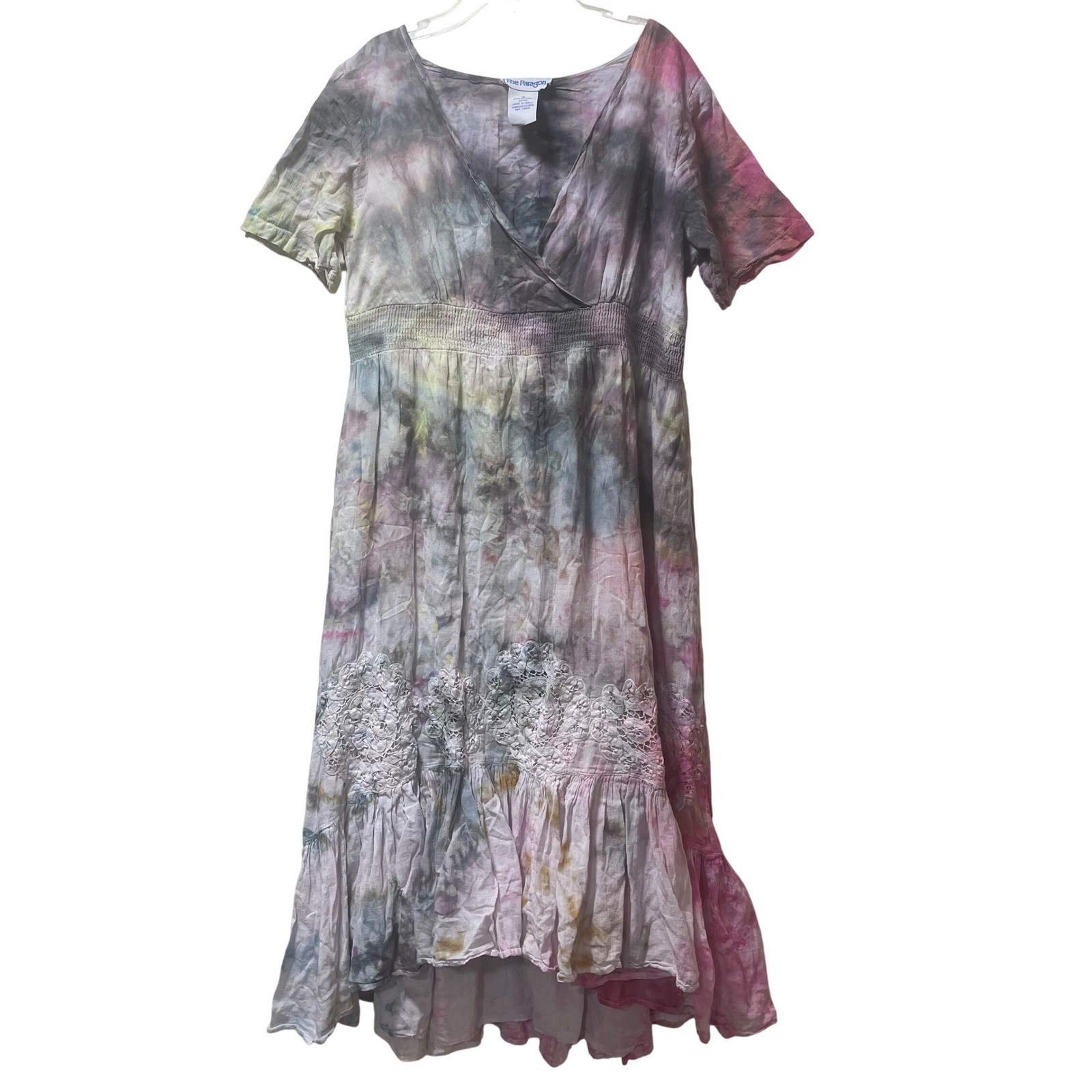 The Paragon Tie Dye Cotton Maxi Dress Pink Grey Lace Smocked Waist Medium Boho