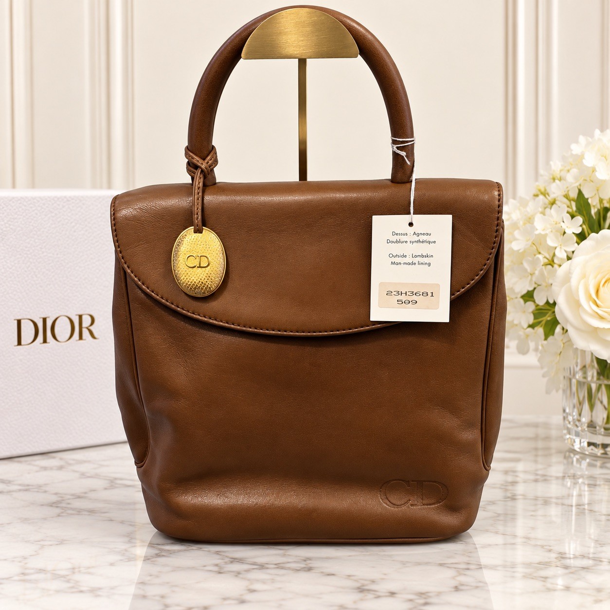 Authentic Christian Dior Vintage Brown Lambskin Leather Top Handle Tote Bag