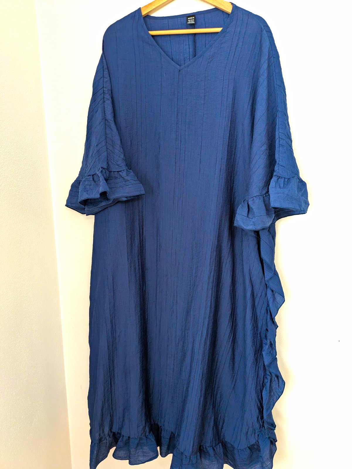 SHEIN Blue Solid V-Neck Ruffle Accent Pullover Maxi Dress Sz XL 3/4 Sleeve SHEIN Blue Solid V-Neck Ruffle Accent Pullover Maxi Dress Sz XL 3/4 Sleeve