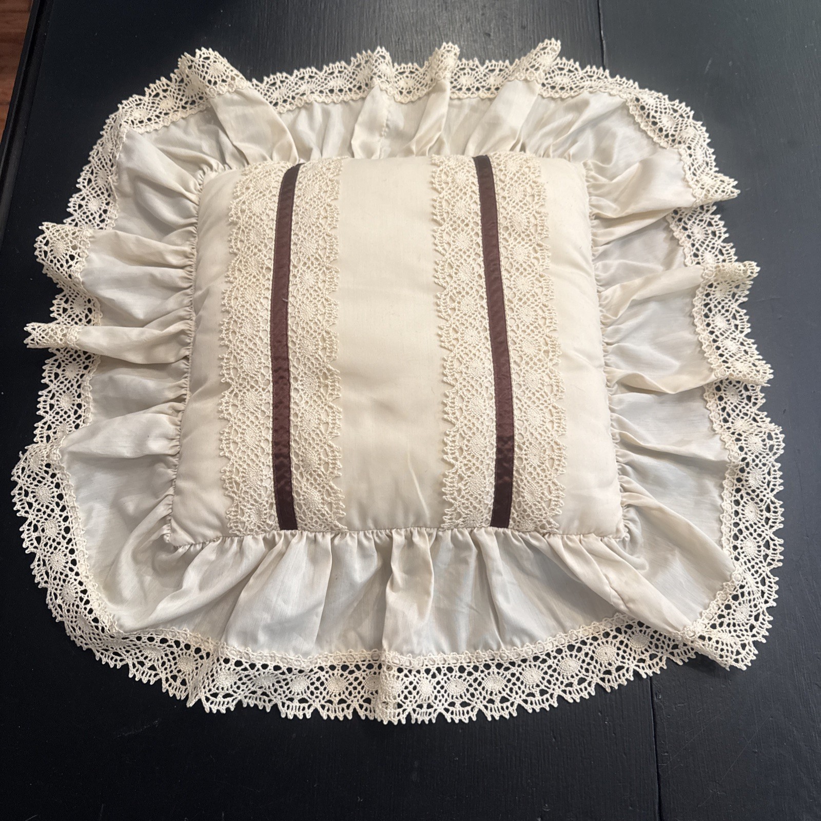 Vintage French Country Victorian Ruffled Lace Pillow with Brown Trim