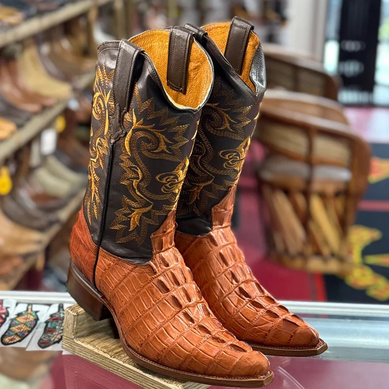 Genuine Leather Alligator Crocodile Caiman Print 3X Point Toe Cowboy Boot-Cognac