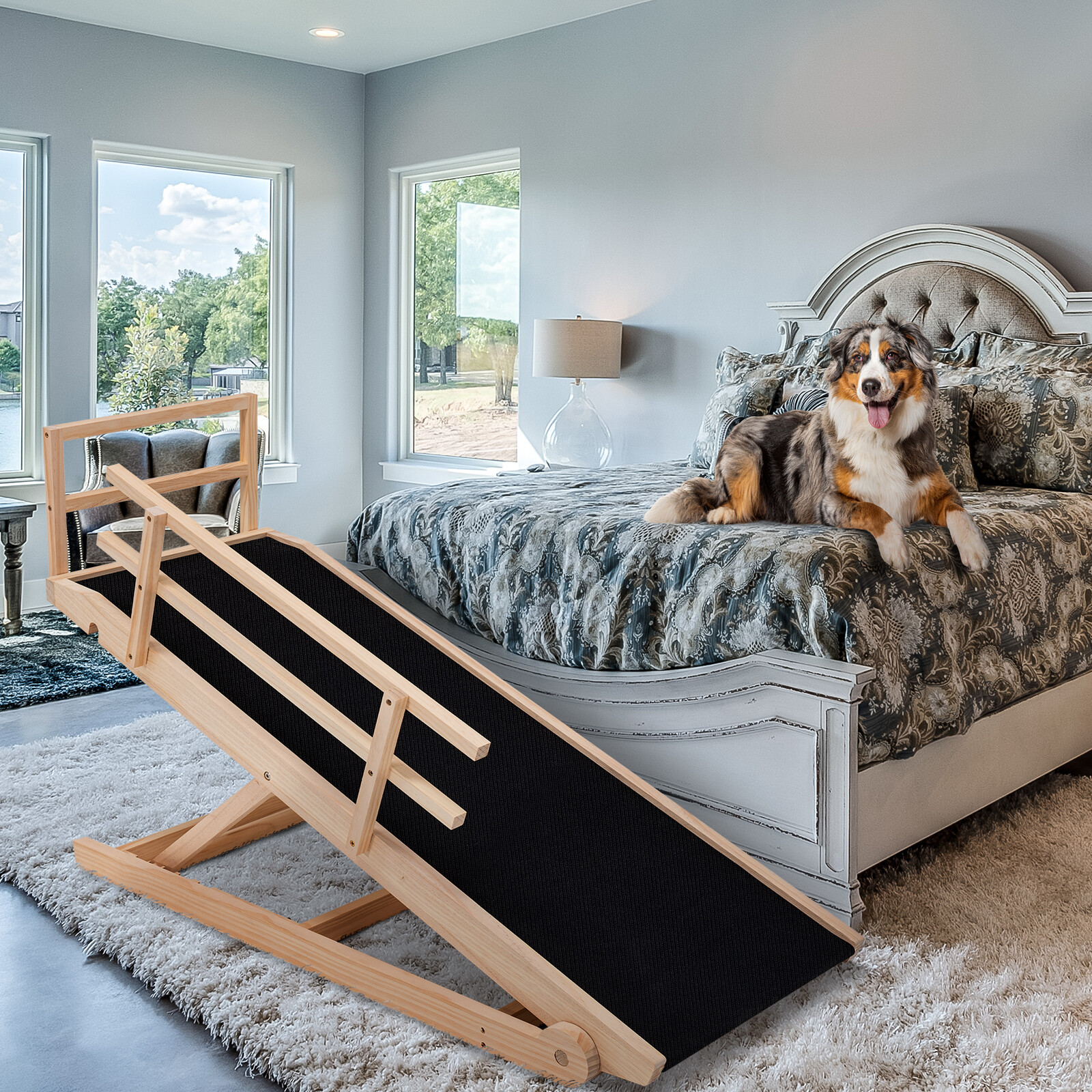SLSY XXL Folding Wooden Dog Ramp for Bed Couch Car Non-Slip Rubber Mat Side Rail