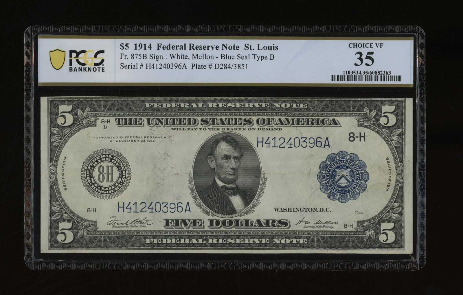 DBR 1914 $5 FRN St. Louis Fr. 875B PCGS-B 35 Serial H41240396A