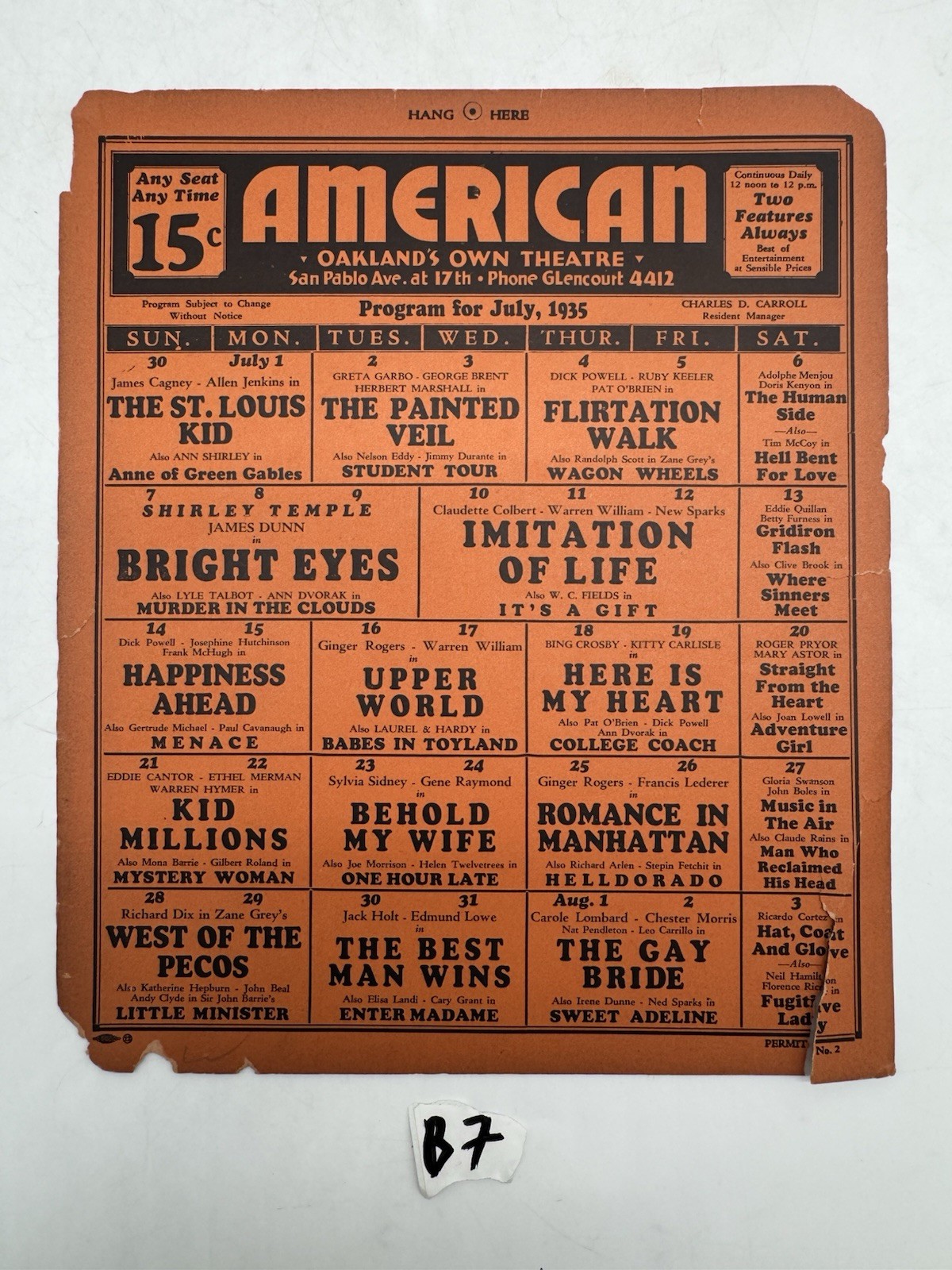 American Theatre July 1935 Calendar Oakland California Movie Poster