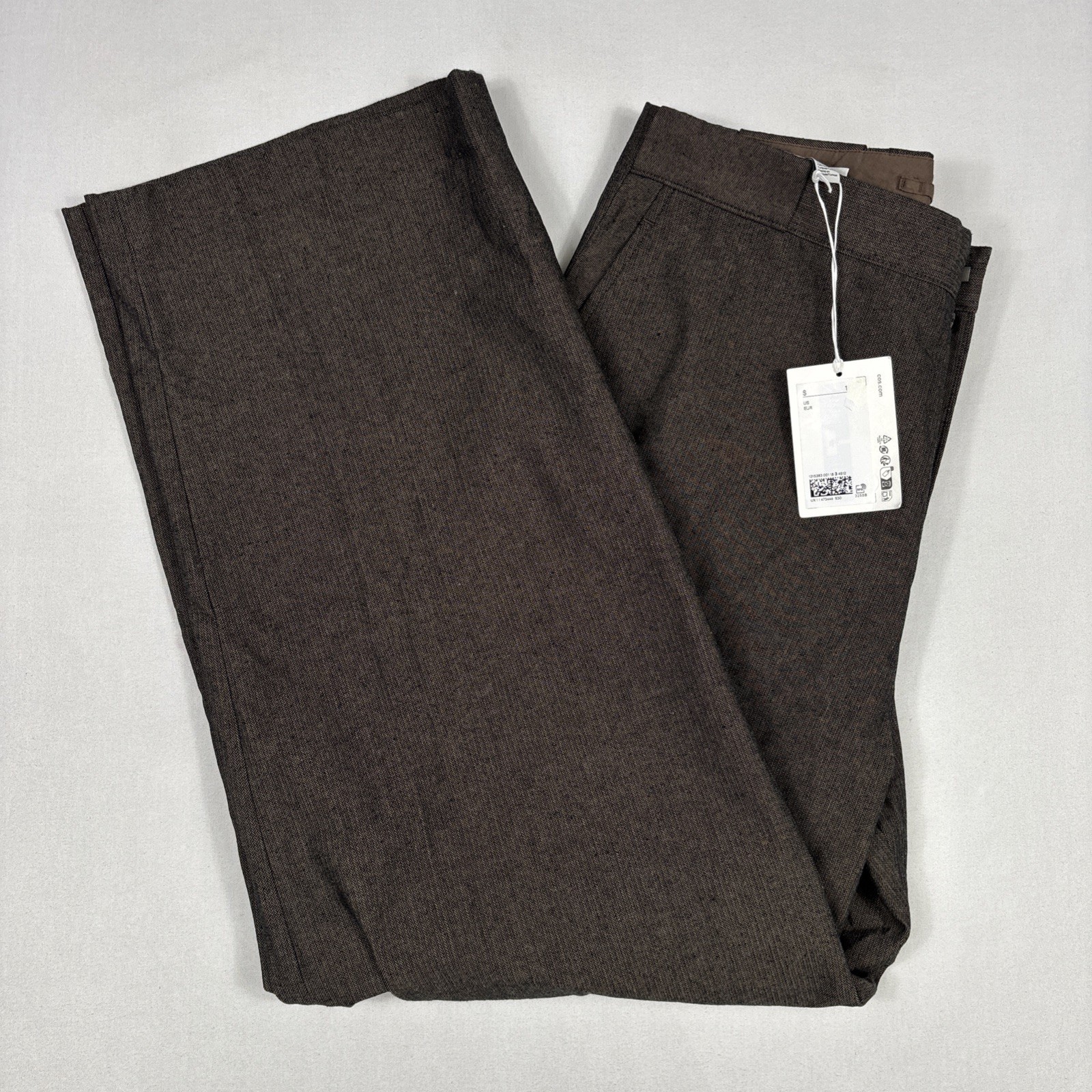 COS Relaxed Fit Wide Leg Pants Men\'s 34R Gray Herringbone Dress Straight Trouser