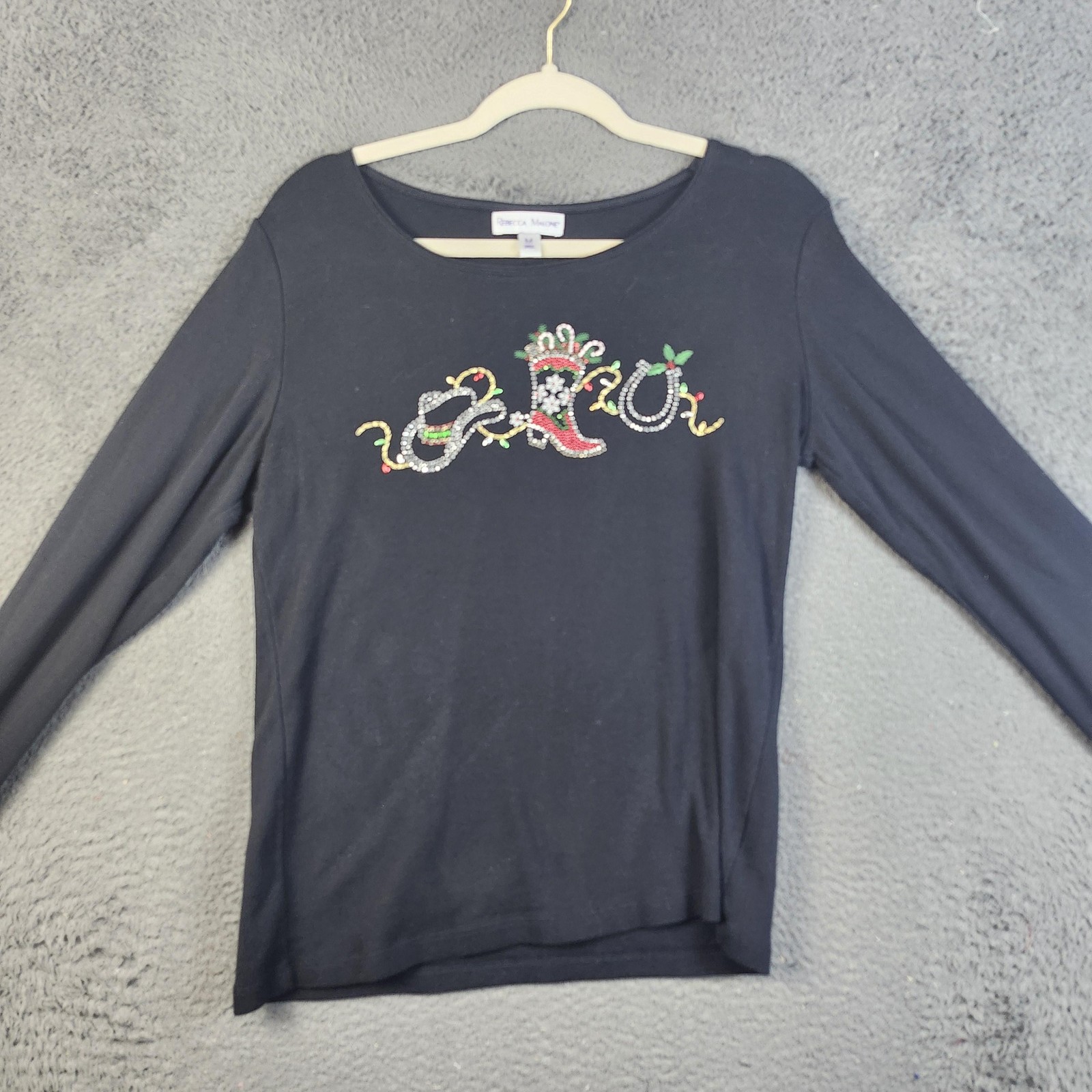 Rebecca Malone Shirt Womens Medium Black Christmas Cowboy Boot Bling Top