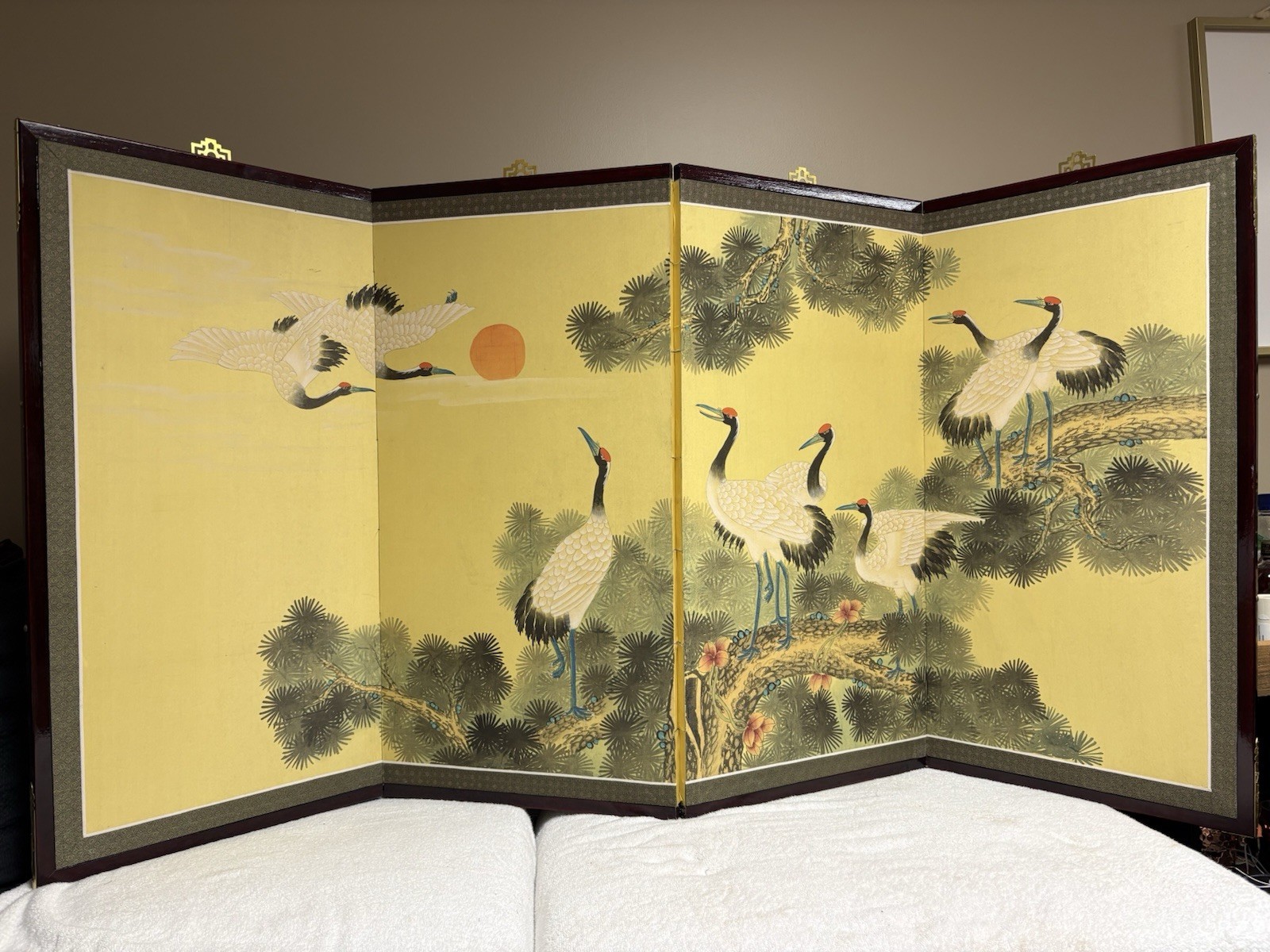 VTG 🔥 Mid Century Japanese BYOBU Screen White CRANES 4 Panel Hand Painted SILK VTG 🔥 Mid Century Japanese BYOBU Screen White CRANES 4 Panel Hand Painted SILK