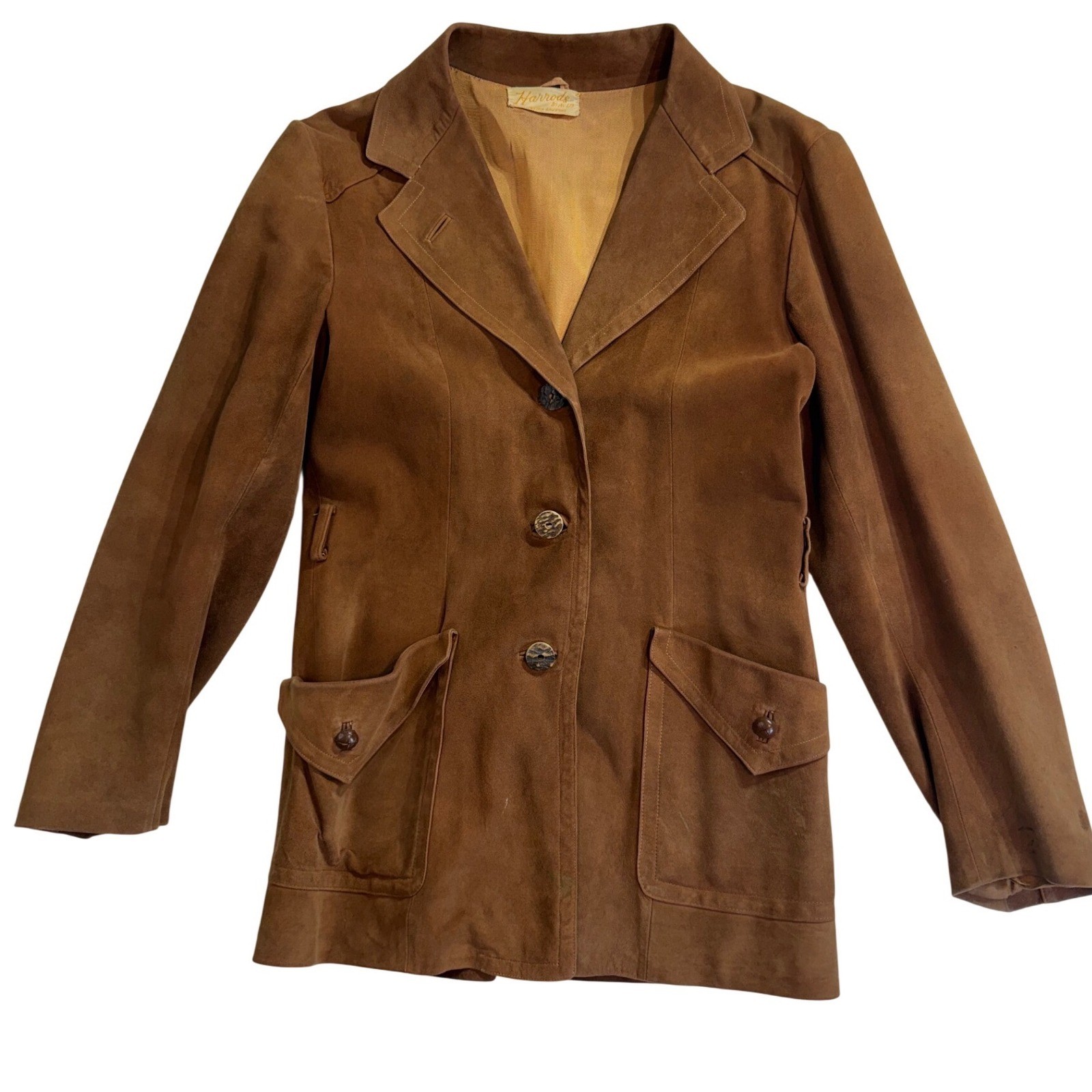 Vintage Harrods Suede Leather Safari Jacket Brown Pocket Blazer READ