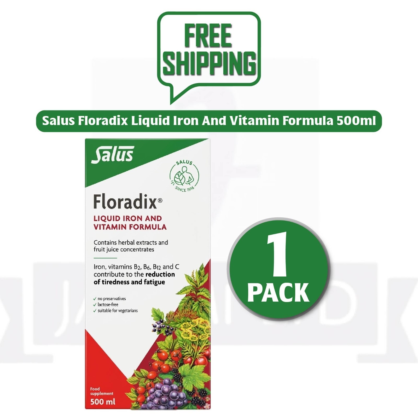 Floradix Liquid Iron & Vitamin Formula High Absorption Energy Supplement 500ml