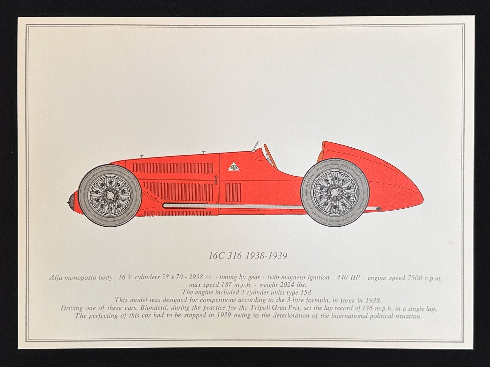1938 Alfa Romeo 6C 316 Art Print Biondetti 1938 Tripoli Grand Prix