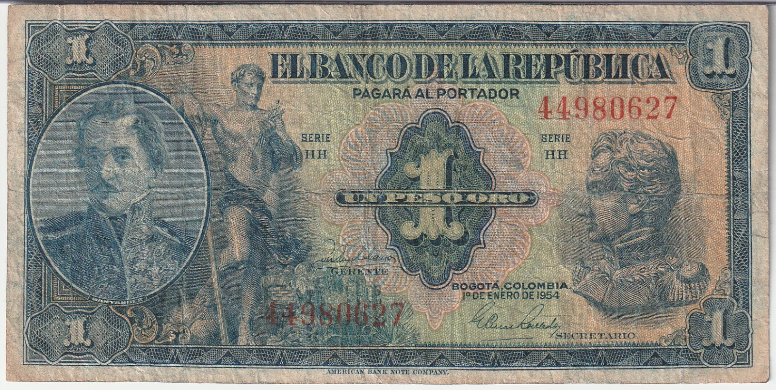 Colombia 1 Peso Oro Banknote 1954 Choice Fine Grade P#380-G