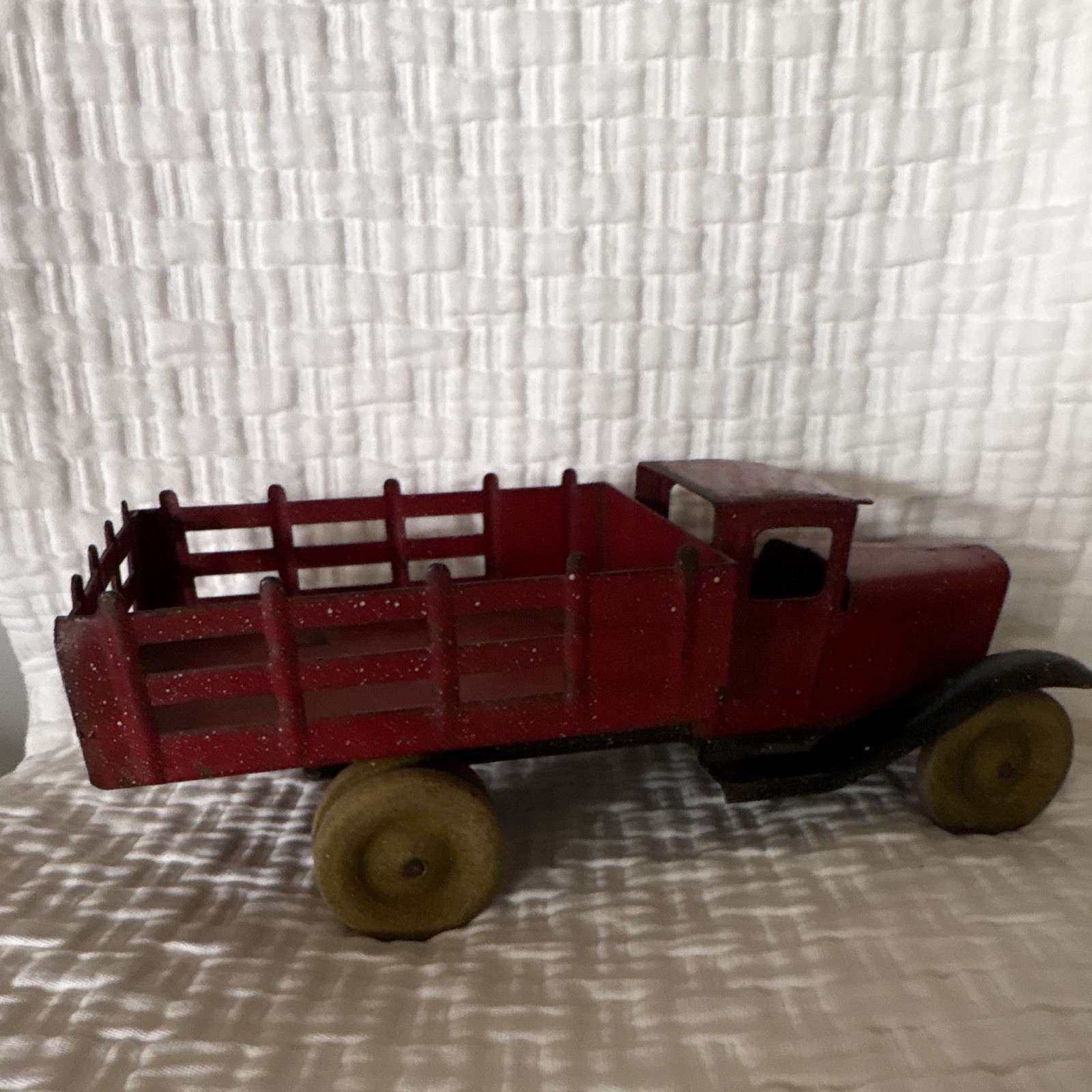 Vintage Tin Stake Bed Truck Red Toy w/ Black Fenders Yellow Wheels Age 4-11