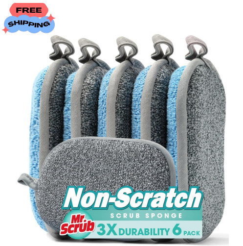 Dual Sided Kitchen Dish Sponges 6 Pack Rough & Soft Scrubbers Set