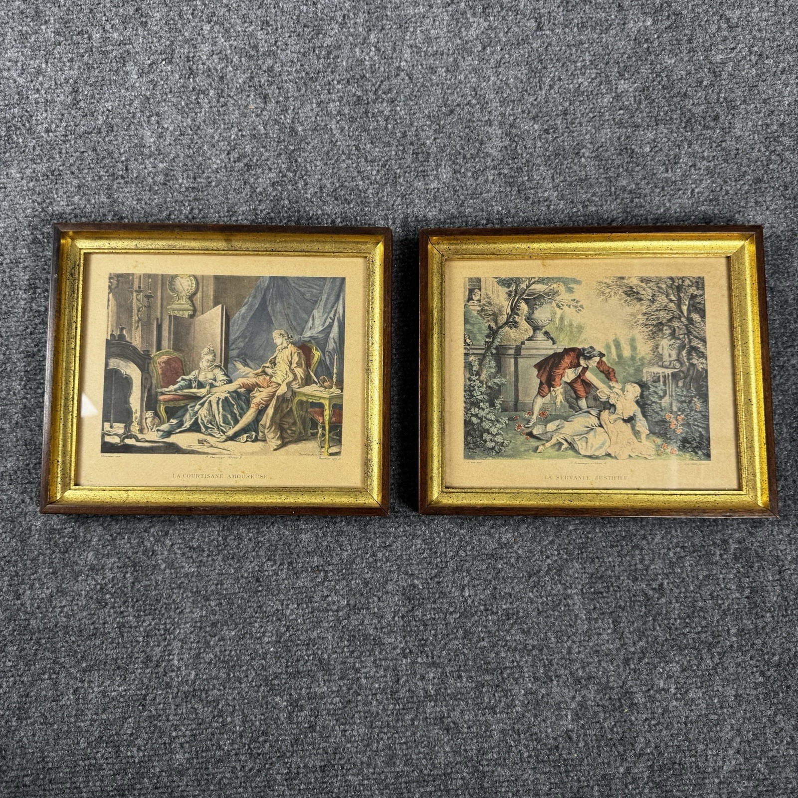 Pair Vintage French Engravings Framed La Courtisane Amoureuse Servante Justifiee Pair Vintage French Engravings Framed La Courtisane Amoureuse Servante Justifiee