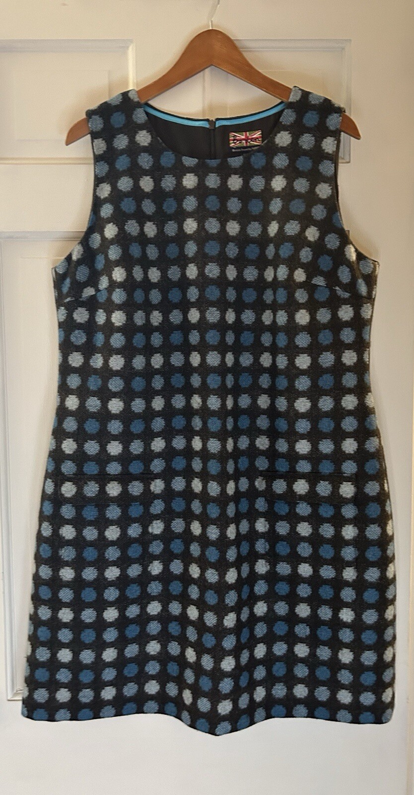 British Boden 60’s Blue Teal Polka Dot Wool Tweed Moon Shift Dress UK 18 US 14 British Boden 60’s Blue Teal Polka Dot Wool Tweed Moon Shift Dress UK 18 US 14