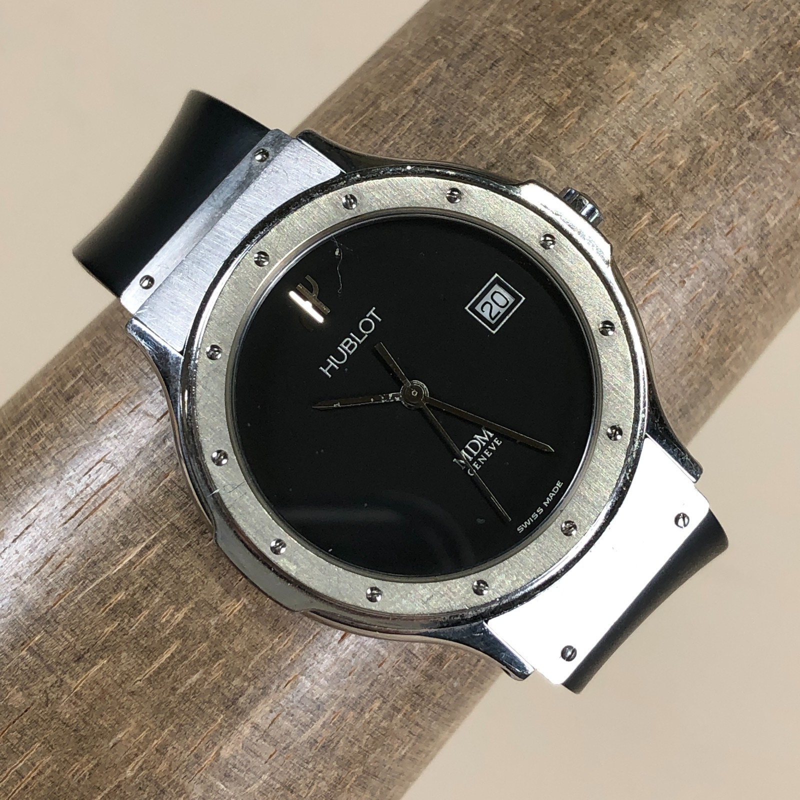Vtg Hublot MDM Geneve Men 15201 Dress Date Swiss Rubber Quartz 34mm Watch 6 3/4\