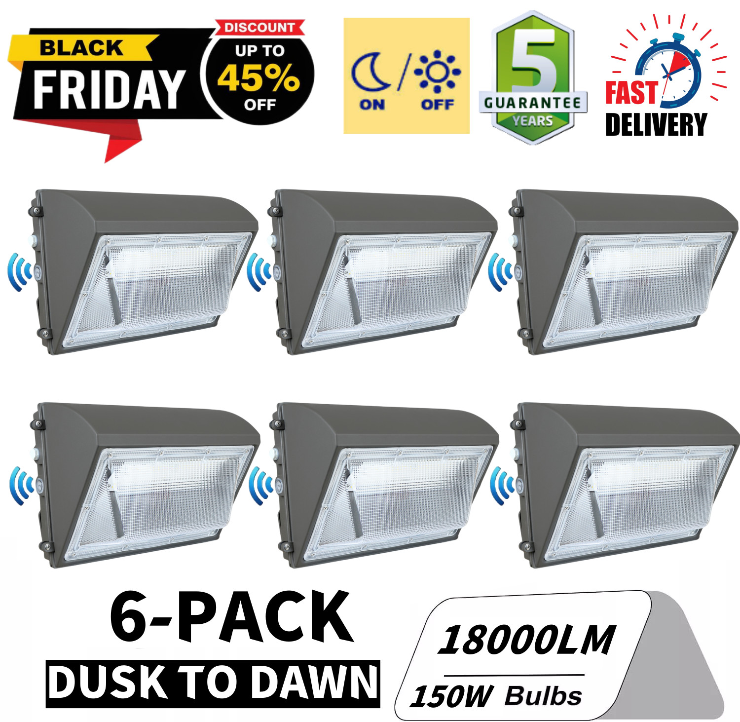 LED Wall Pack Lighting, 6 Pack 150 Watt 18000 Lumens with Dusk to Dawn Photocell
