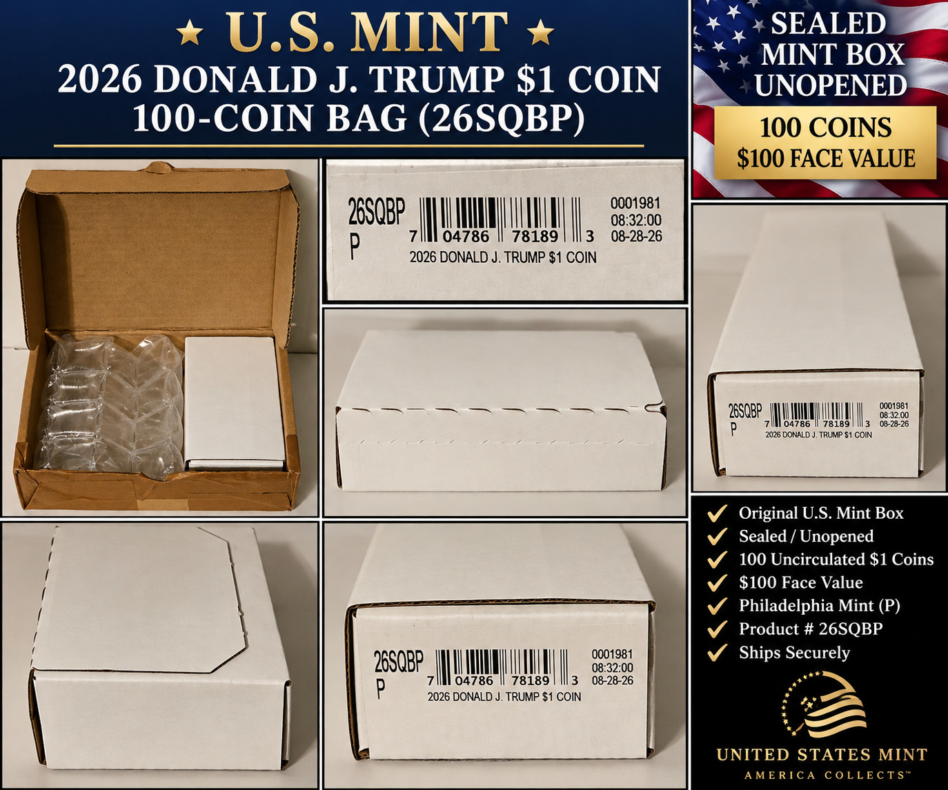 2026-P Donald J Trump $1 Coin 100-Coin Bag 26SQBP Sealed US Mint Box 2026-P Donald J Trump $1 Coin 100-Coin Bag 26SQBP Sealed US Mint Box