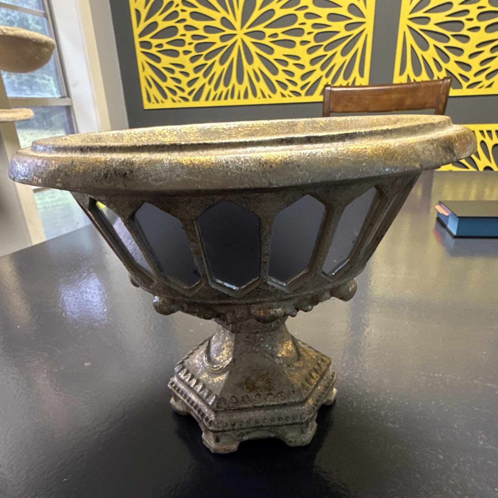 Vintage Hollywood Regency Gold Pedestal Compote Bowl Ornate Mirrored Panel 9\