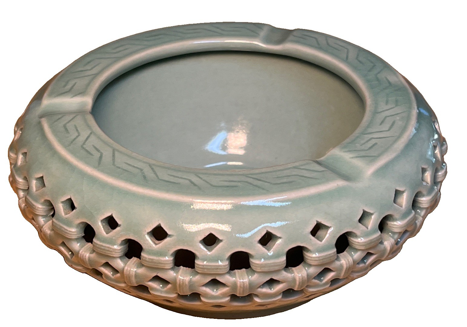 VTG Korean Celadon Ceramic Ashtray Double-Walled Openwork/Basket Weave Pattern VTG Korean Celadon Ceramic Ashtray Double-Walled Openwork/Basket Weave Pattern