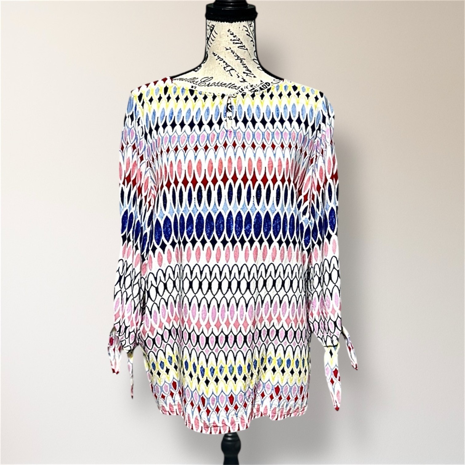 Talbots Petites PL Blue Black Geometric Keyhole Tie Sleeve Blouse Boho Festival