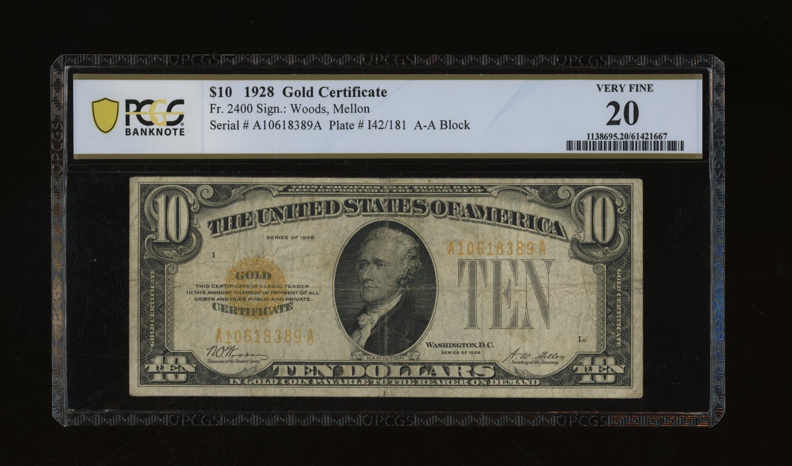 DBR 1928 $10 Gold Certificate Fr. 2400 PCGS-B VF-20 Serial A10618389A