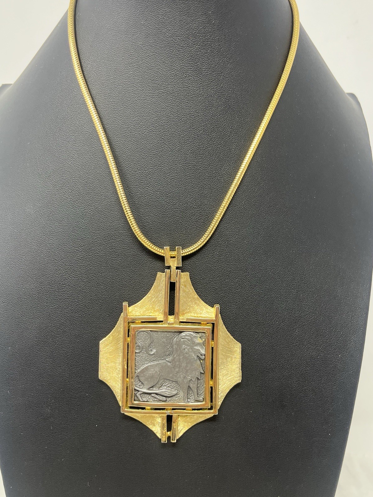 Vintage Large Razza Signed Leo 2-Tone Pendant on Gold-tone Snake Chain EUC Vintage Large Razza Signed Leo 2-Tone Pendant on Gold-tone Snake Chain EUC