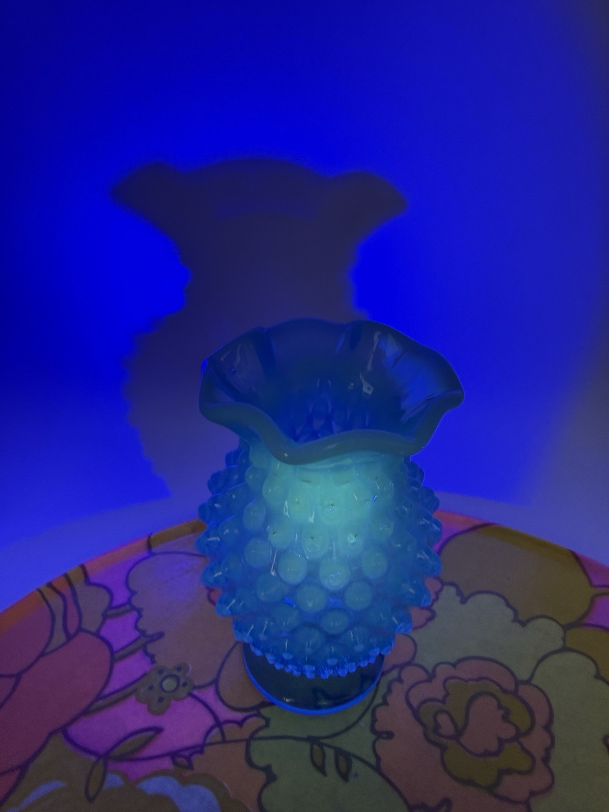 Vintage Fenton Sapphire Blue Opalescent Hobnail Glass Vase Small Chip Glows 3.75 Vintage Fenton Sapphire Blue Opalescent Hobnail Glass Vase Small Chip Glows 3.75