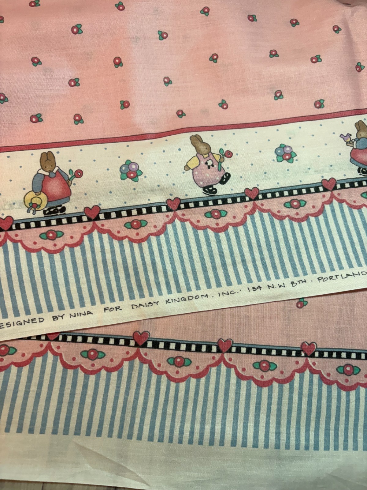 Daisy Kingdom pink fabric bunny hearts 2 different border strips choice 36\ Daisy Kingdom pink fabric bunny hearts 2 different border strips choice 36\