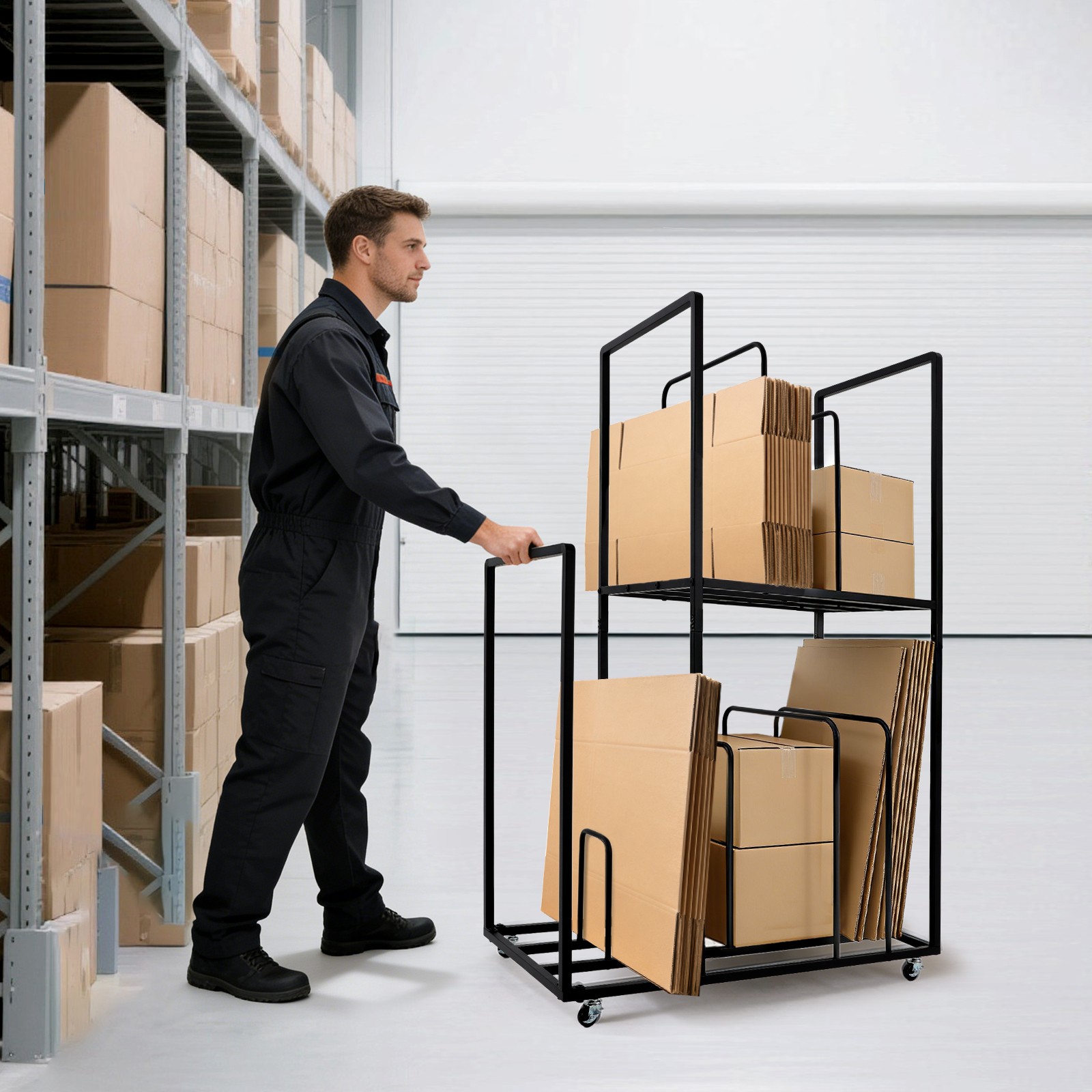 Rolling Cardboard Box Organizer, Metal Carton Cart Stand, Cardboard Storage Rack