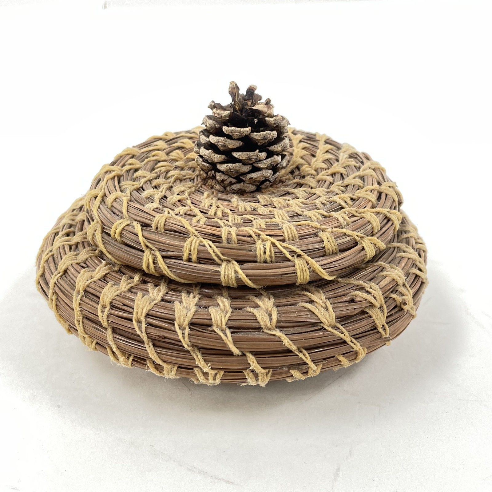 Vintage Handcrafted Pine Needle Basket with Pinecone Lid Signed Mary Ann