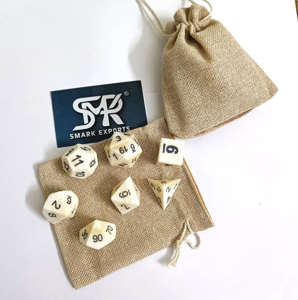 Handmade Buffalo Bone Dice Set 7 Piece DND RPG Polyhedral Gaming Dice Pouch